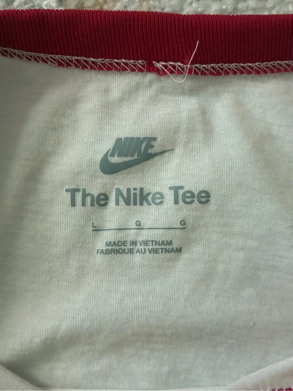 Vintage Nike White Baby Tee with Red Logo and Trim-Size L-